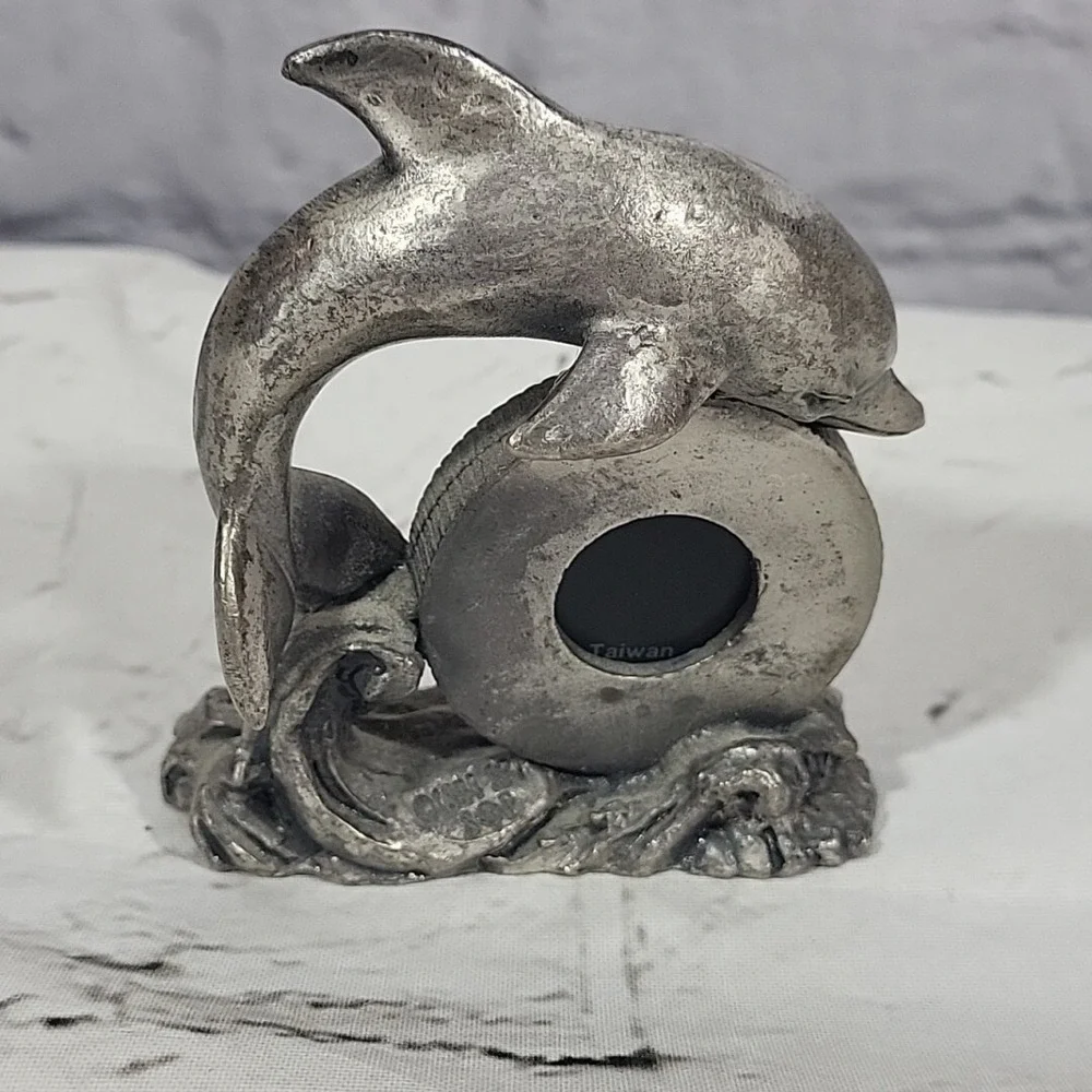 Vintage Pewter‎ Quartz Desk Clock Dolphin Figural Coastal Motif Flaw-Non Working